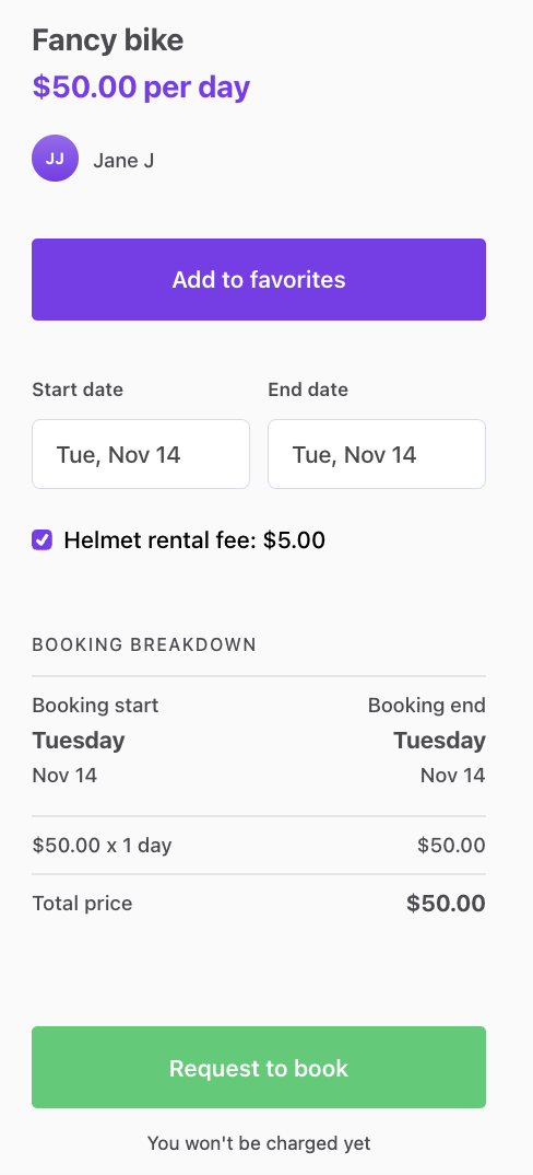 Helmet rental fee checkbox